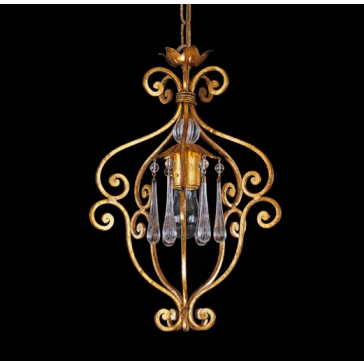 Lustre cage artisanal en fer forgé doré et pampilles de verre de Murano