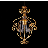 Lustre cage artisanal en fer forgé doré et pampilles de verre de Murano