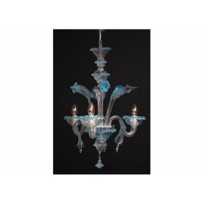 Lustre baroque en  verre transparent rehaussé de bleu et d'or en verre soufflé de Murano