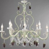 Revisited baroque chandelier with strings of glass beads and colored grapes Murano glass