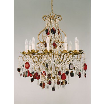 Lustre baroque revisité à pampilles de cristal de couleur et fruits de verre de Murano